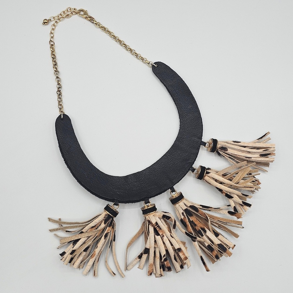 Chicos Black Suede Choker Stmt Necklace Leopard Print Tassel Gold Chain Boho